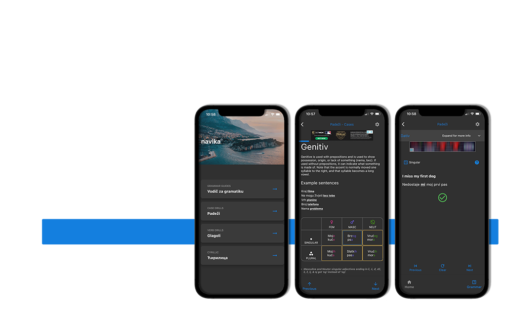 Screens from the Navika Serbian and Croatian learning app