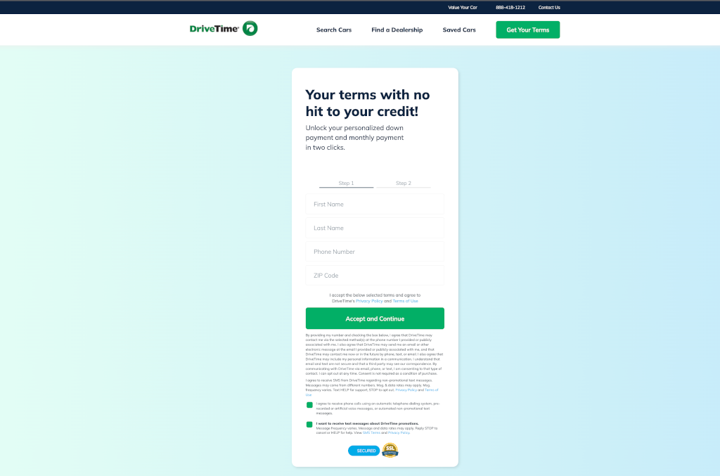 Screens from the DriveTime credit application form